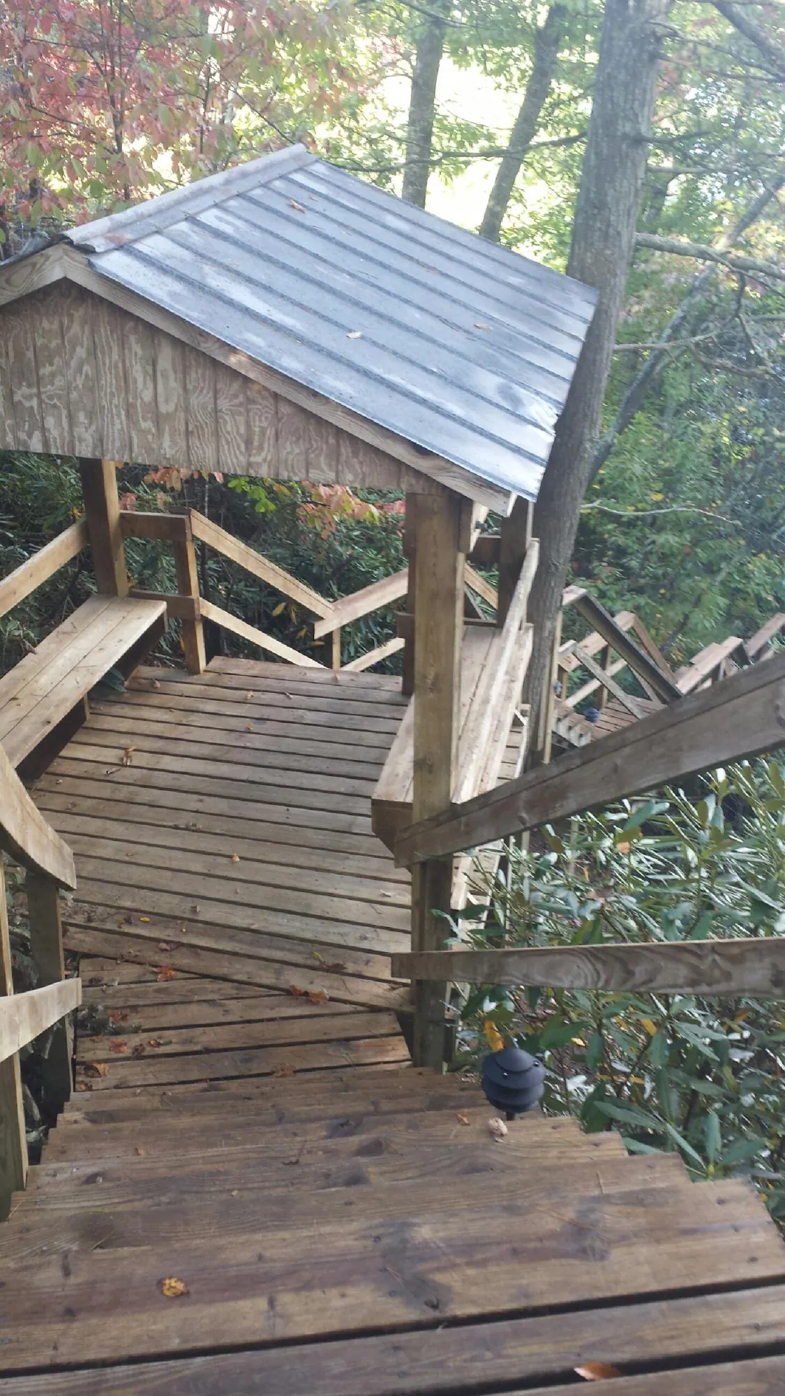 Metal roofed shelter over wooden steps on a wooded walkway — Skylight Repair & Installation work by our crew in Fitzgerald